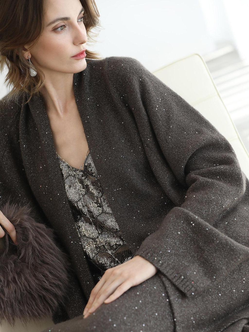 COCOBELLA Sequin Embellished Loose Fit Commuter Open Front Women Knit Pullover Sweater