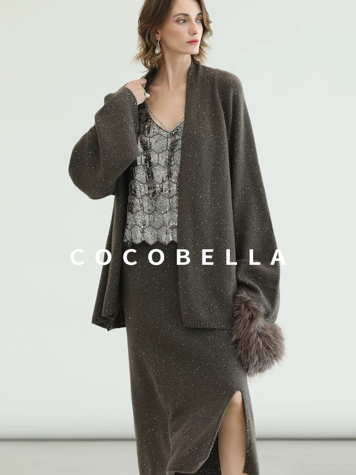 COCOBELLA Sequin Embellished Loose Fit Commuter Open Front Women Knit Pullover Sweater