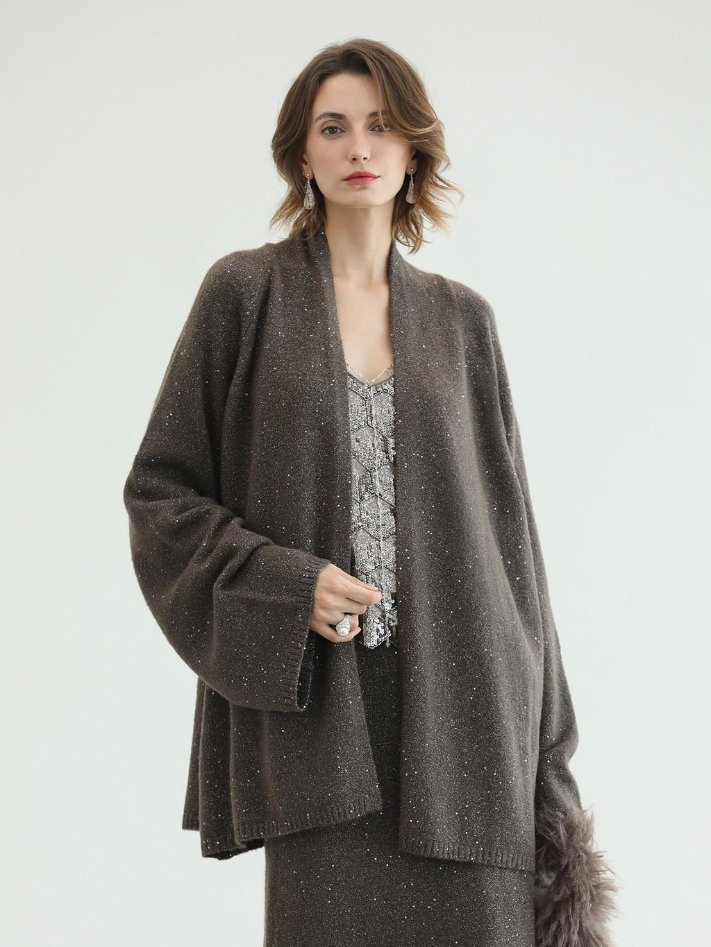 COCOBELLA Sequin Embellished Loose Fit Commuter Open Front Women Knit Pullover Sweater