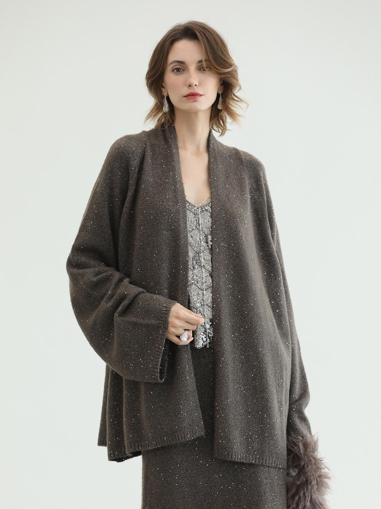 COCOBELLA Sequin Embellished Loose Fit Commuter Open Front Women Knit Pullover Sweater