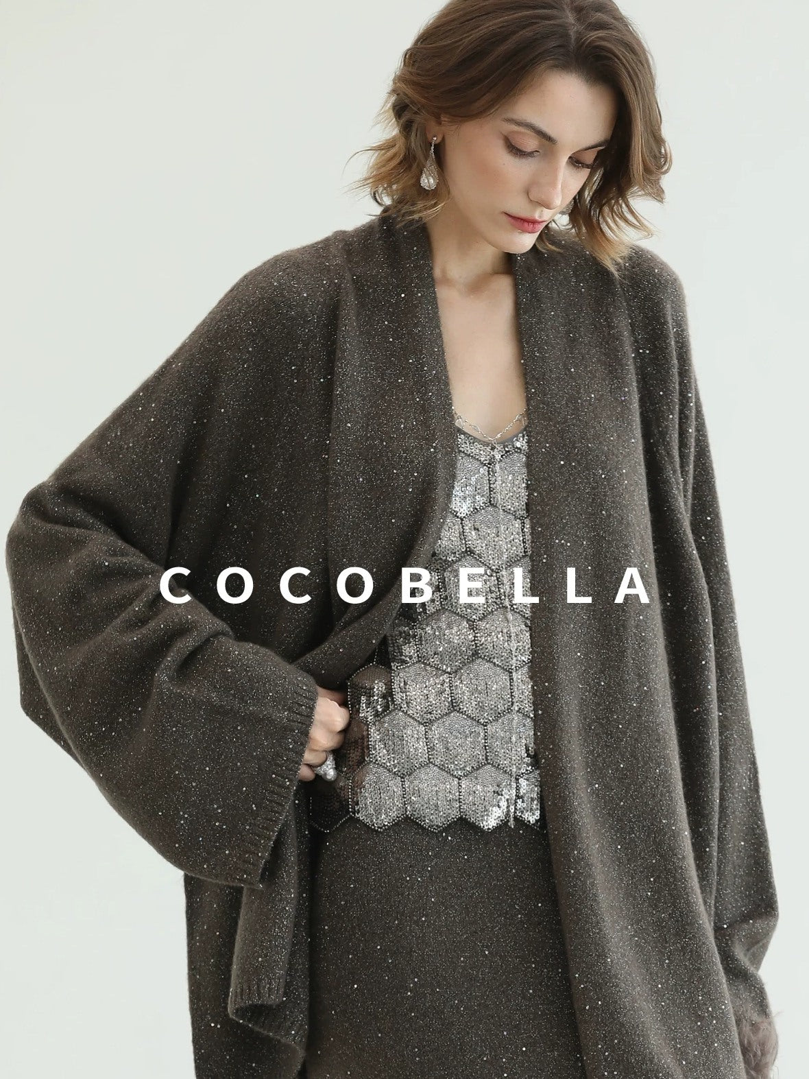 COCOBELLA Sequin Embellished Loose Fit Commuter Open Front Women Knit Pullover Sweater