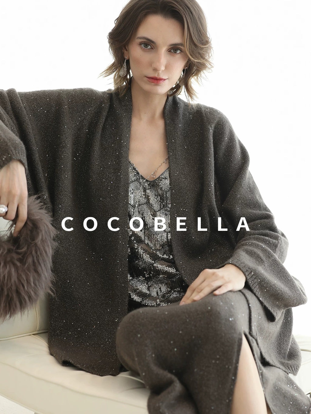 COCOBELLA Sequin Embellished Loose Fit Commuter Open Front Women Knit Pullover Sweater