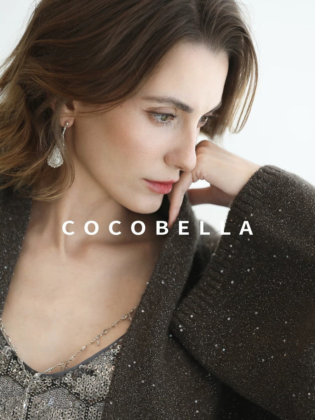 COCOBELLA Sequin Embellished Loose Fit Commuter Open Front Women Knit Pullover Sweater