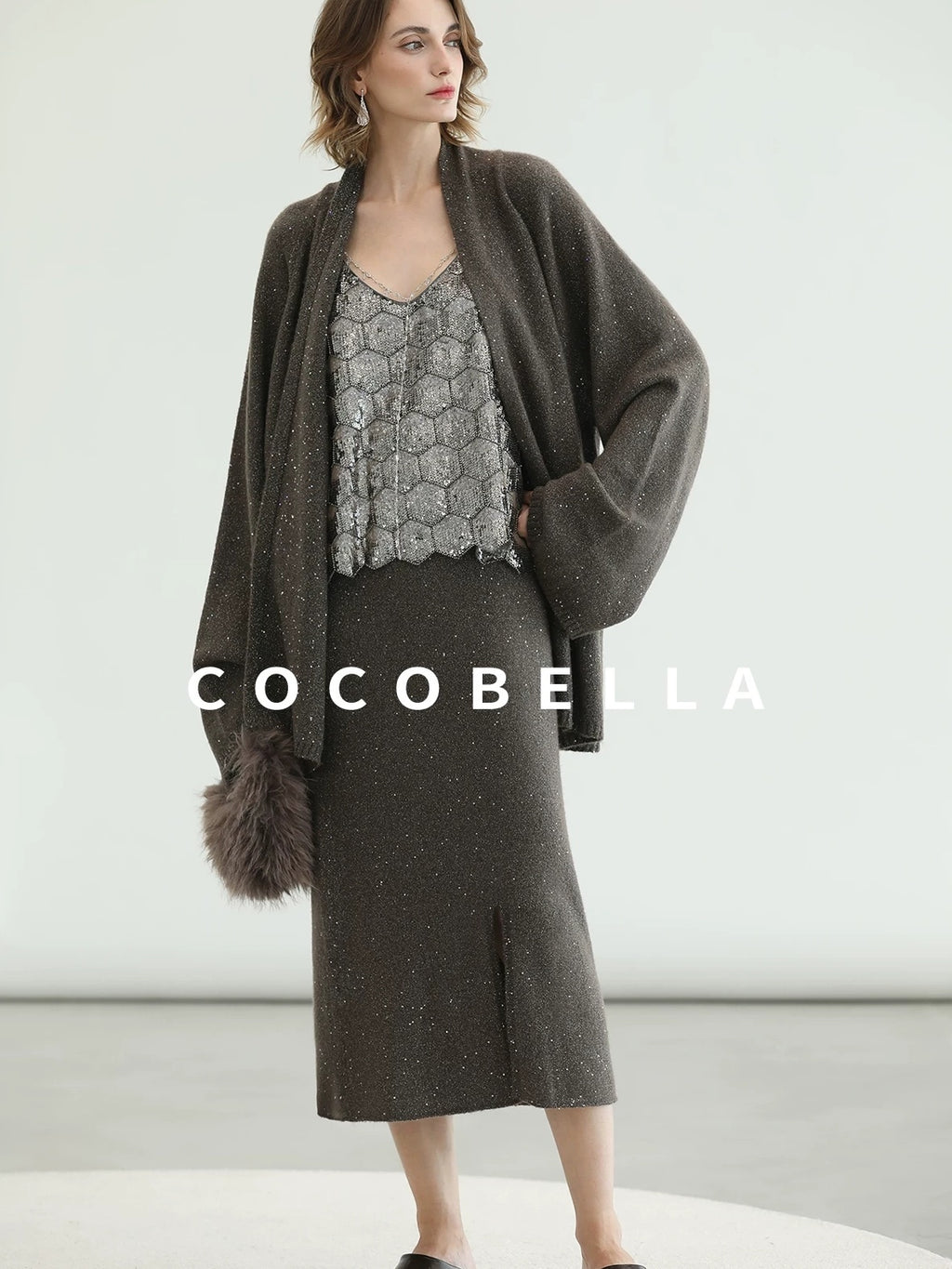 COCOBELLA Sequin Embellished Loose Fit Commuter Open Front Women Knit Pullover Sweater