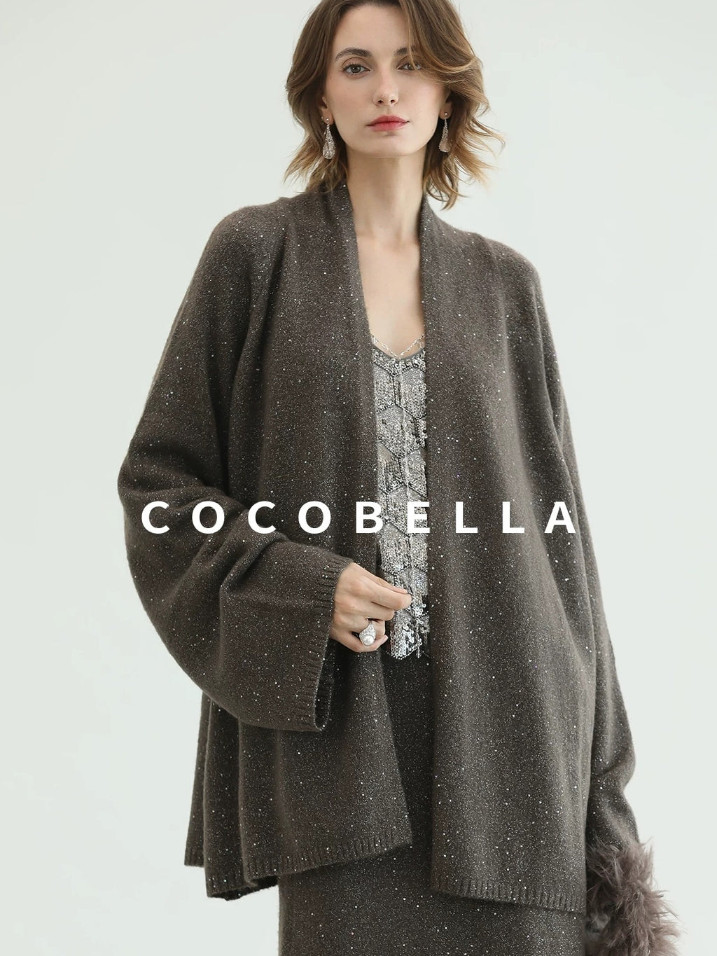 COCOBELLA Sequin Embellished Loose Fit Commuter Open Front Women Knit Pullover Sweater