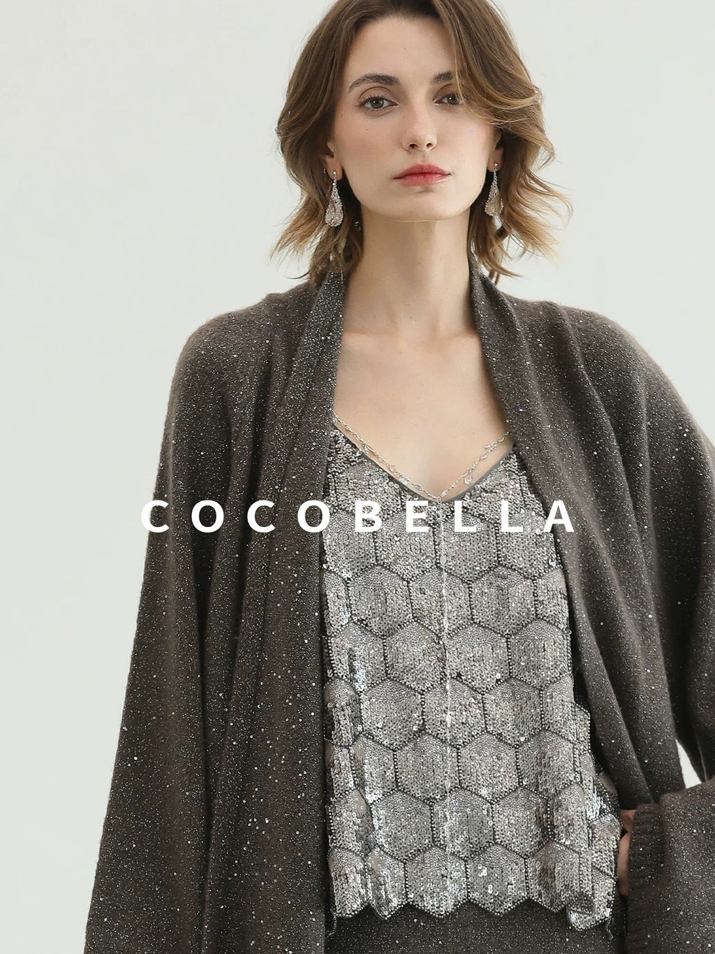 COCOBELLA Sequin Embellished Loose Fit Commuter Open Front Women Knit Pullover Sweater