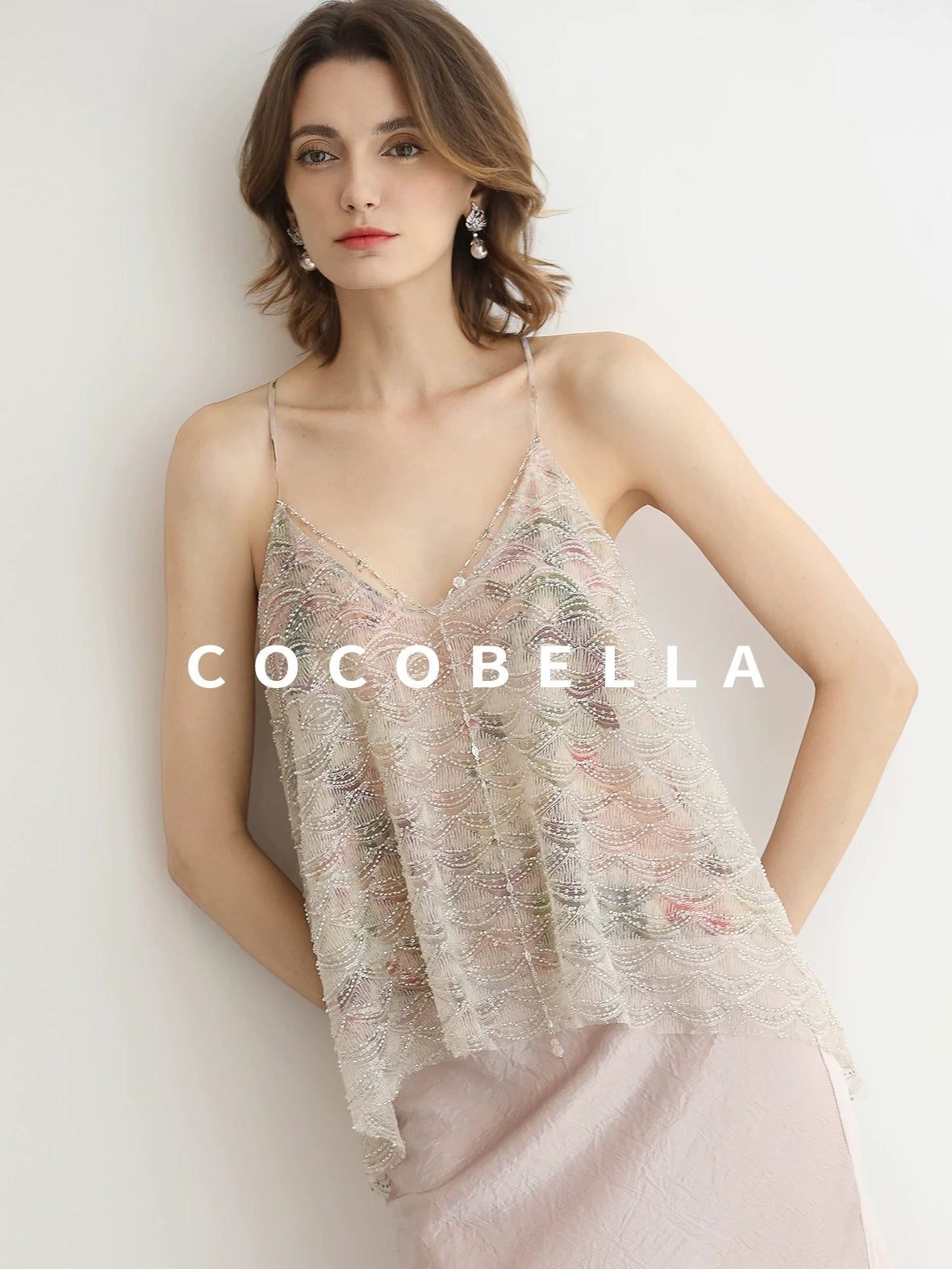 COCOBELLA Sequin Embroidered 3D Luxury V Neck Sleeveless Camisole Women Tops