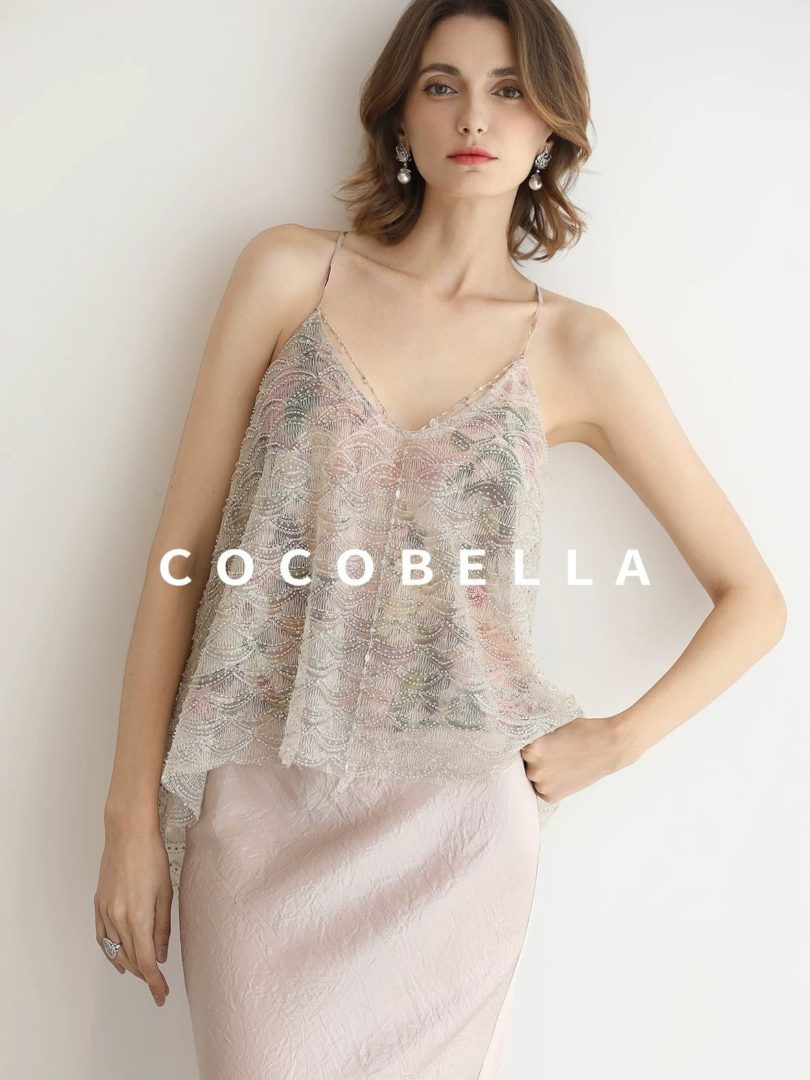 COCOBELLA Sequin Embroidered 3D Luxury V Neck Sleeveless Camisole Women Tops