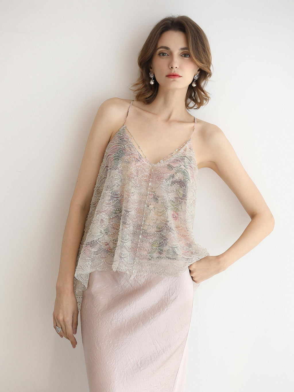 COCOBELLA Sequin Embroidered 3D Luxury V Neck Sleeveless Camisole Women Tops