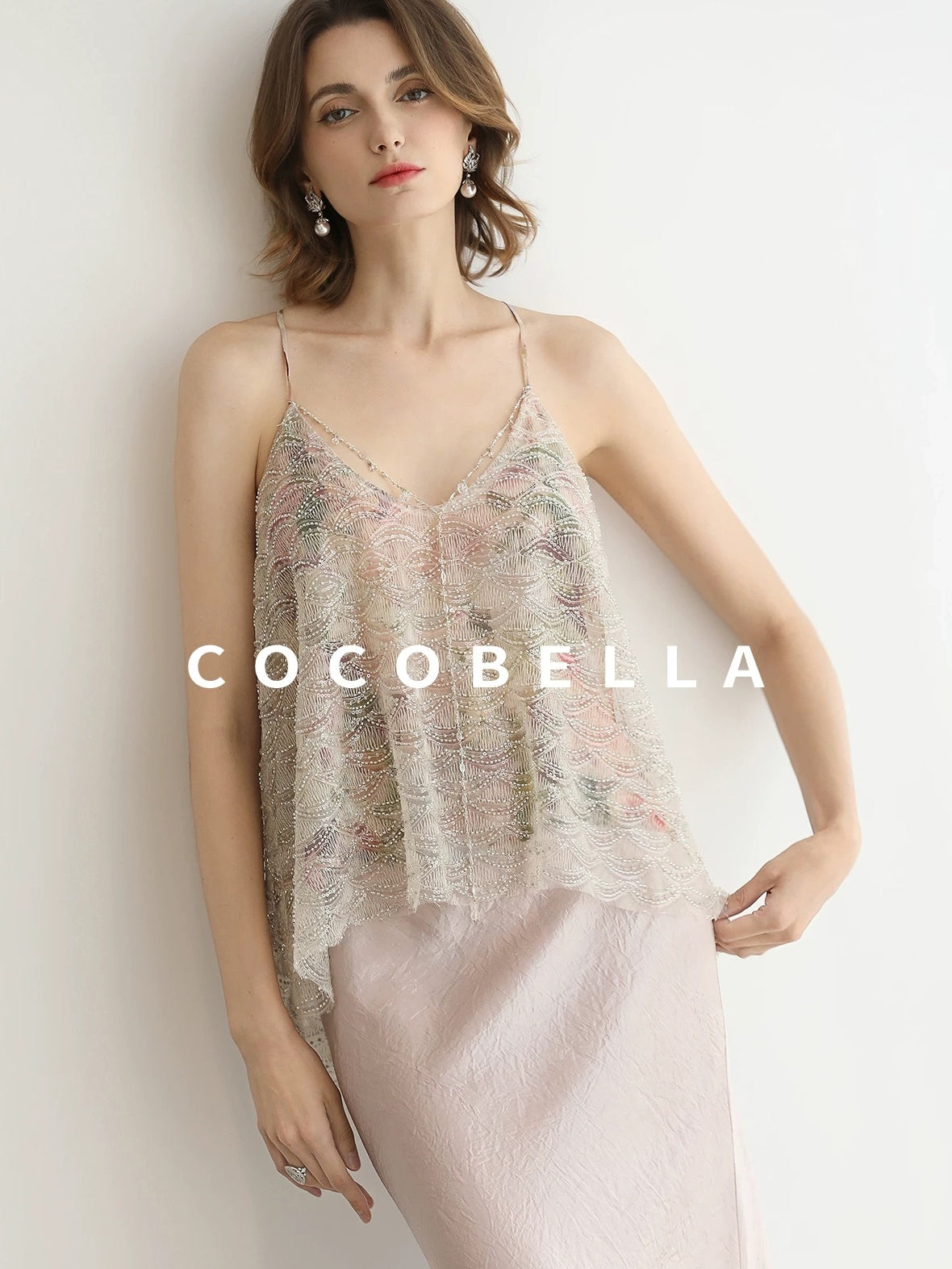 COCOBELLA Sequin Embroidered 3D Luxury V Neck Sleeveless Camisole Women Tops