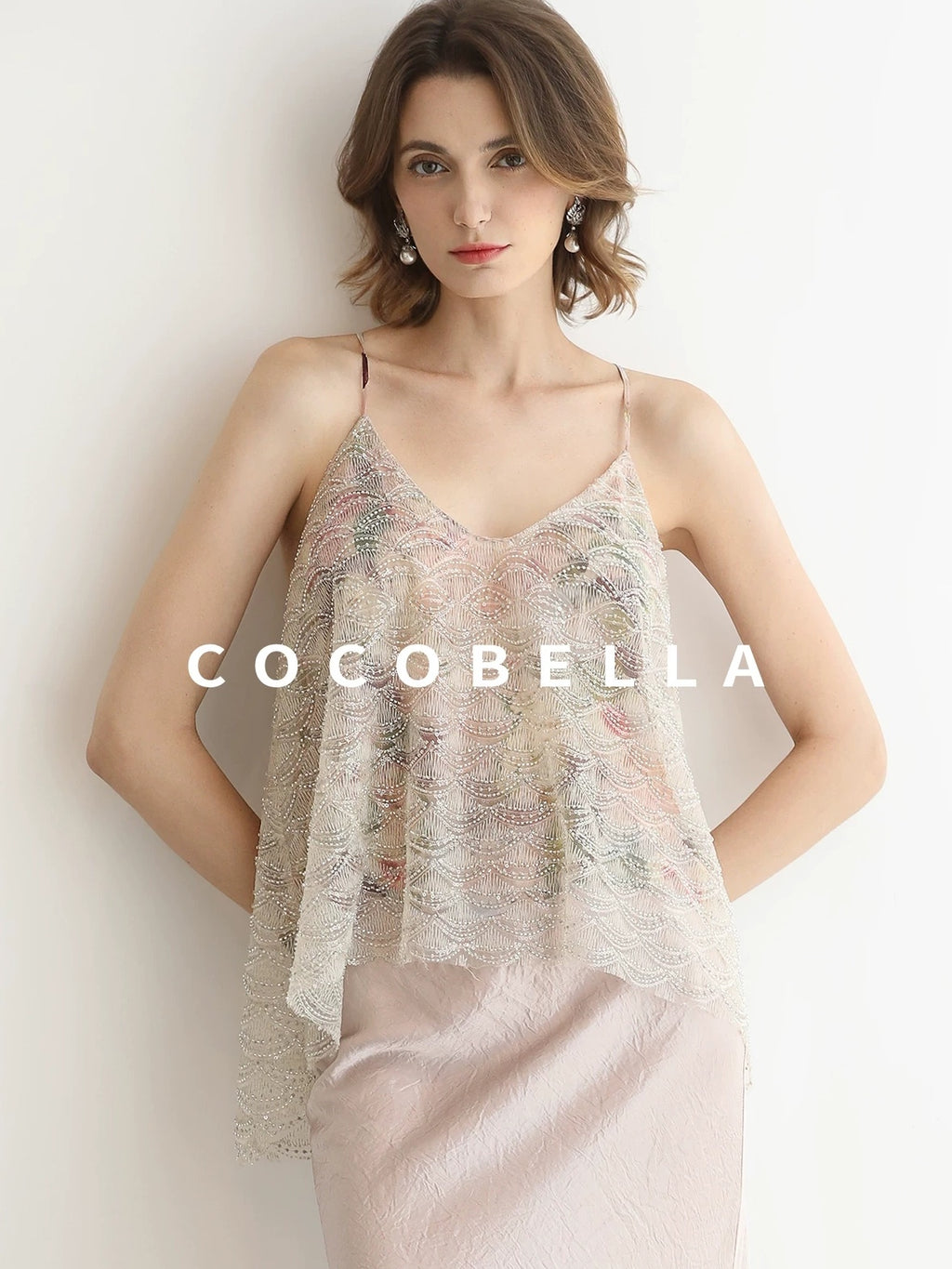 COCOBELLA Sequin Embroidered 3D Luxury V Neck Sleeveless Camisole Women Tops