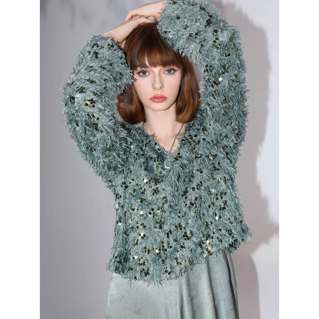 COCOBELLA_Sequin_Feather_Tulle_Tweed_Inspired_Straight_Fit_V_Neck_Long_Sleeve_Teal_Shirts_MISSTT