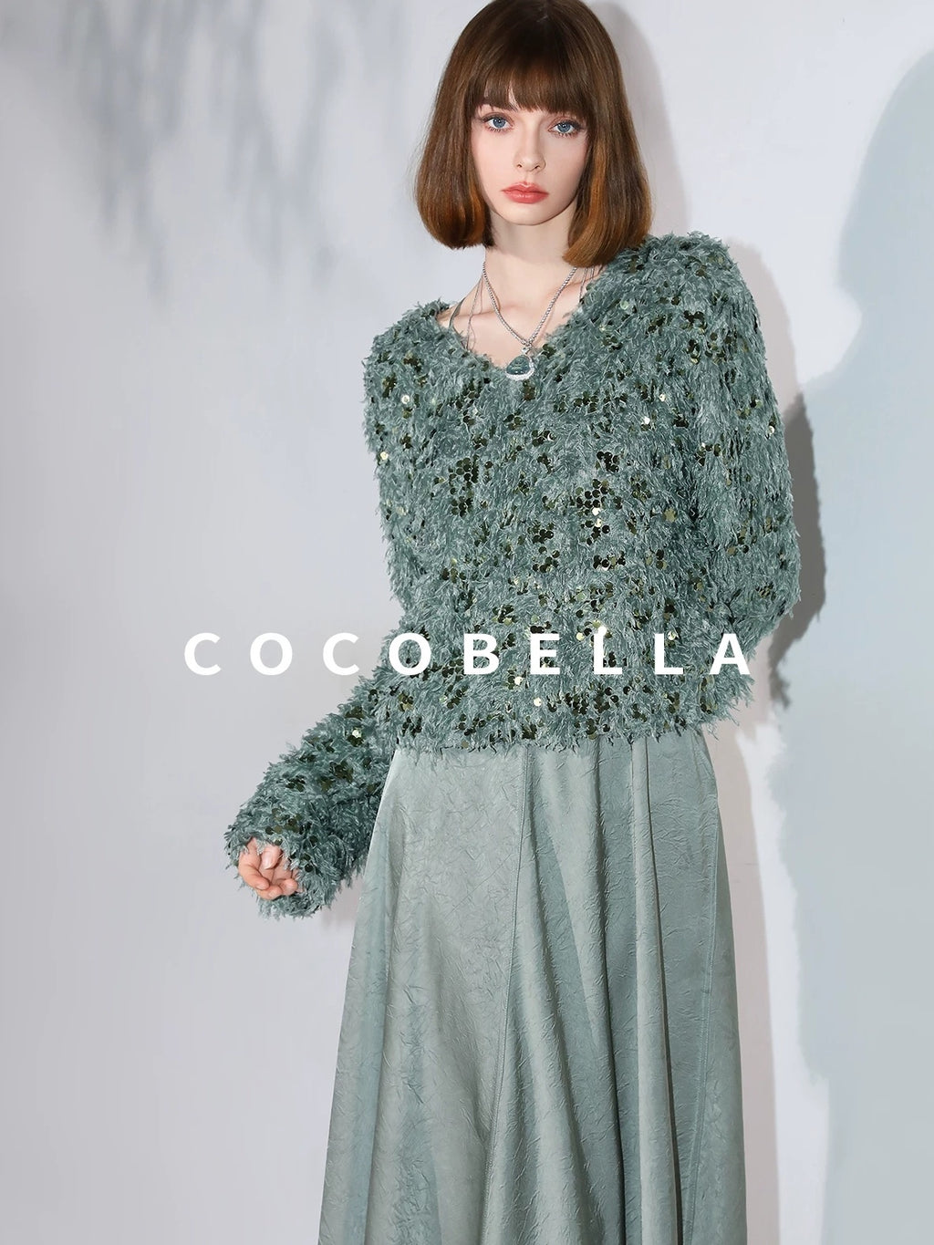 COCOBELLA Sequin Feather Tulle Tweed Inspired Straight Fit V Neck Long Sleeve Teal Shirts