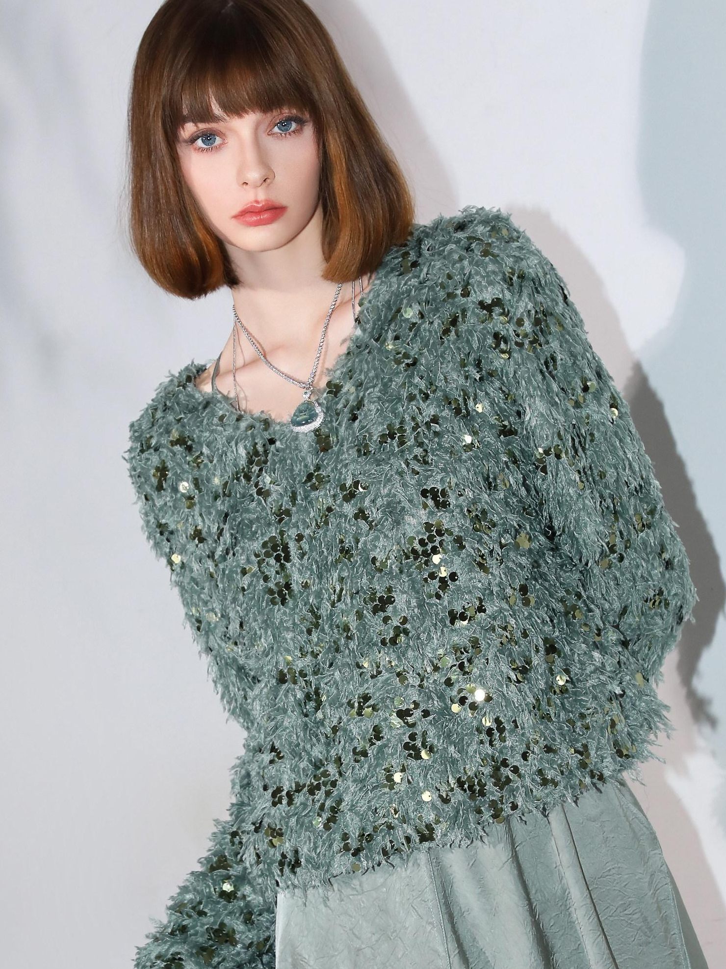COCOBELLA Sequin Feather Tulle Tweed Inspired Straight Fit V Neck Long Sleeve Teal Shirts