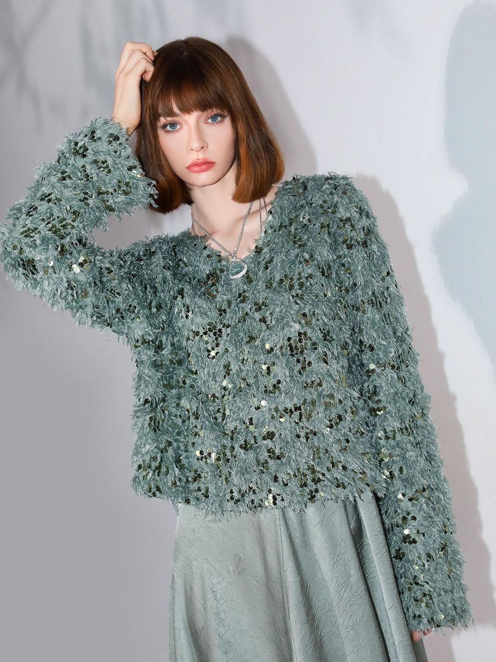 COCOBELLA Sequin Feather Tulle Tweed Inspired Straight Fit V Neck Long Sleeve Teal Shirts