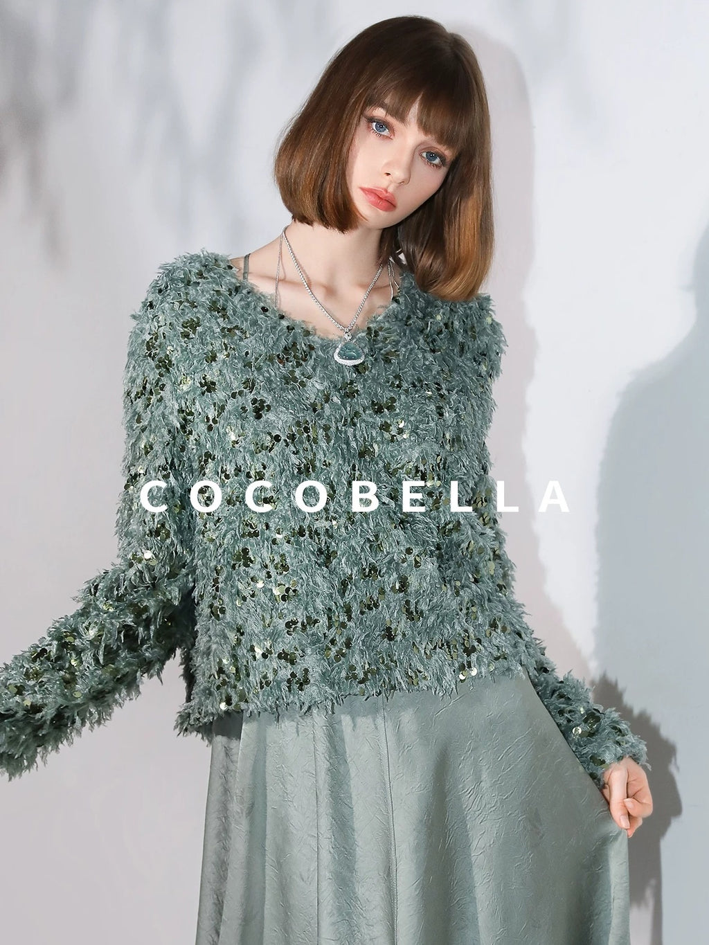 COCOBELLA Sequin Feather Tulle Tweed Inspired Straight Fit V Neck Long Sleeve Teal Shirts