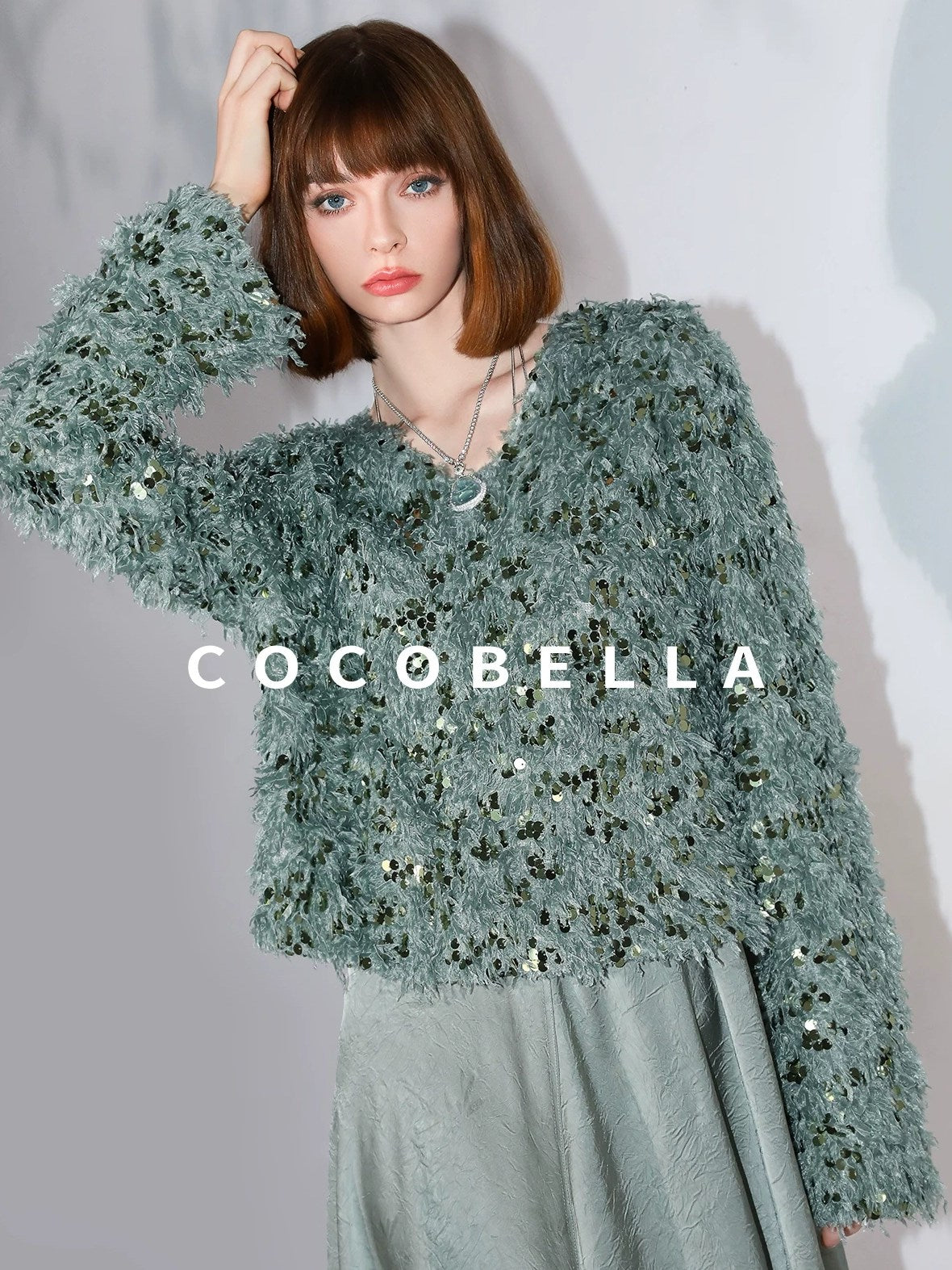 COCOBELLA Sequin Feather Tulle Tweed Inspired Straight Fit V Neck Long Sleeve Teal Shirts