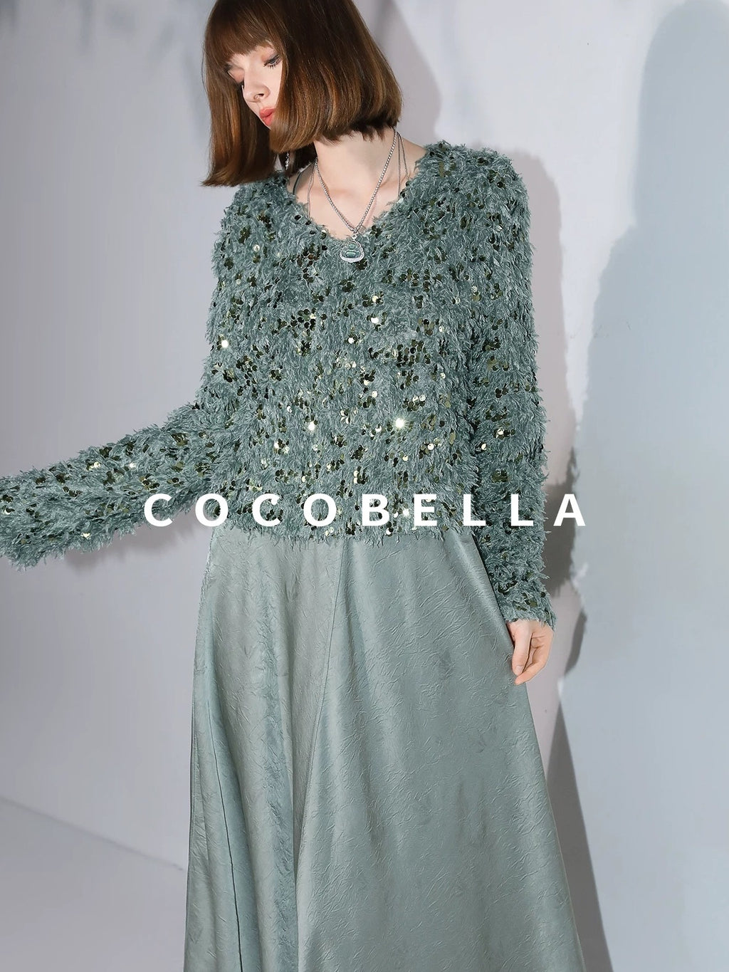 COCOBELLA Sequin Feather Tulle Tweed Inspired Straight Fit V Neck Long Sleeve Teal Shirts