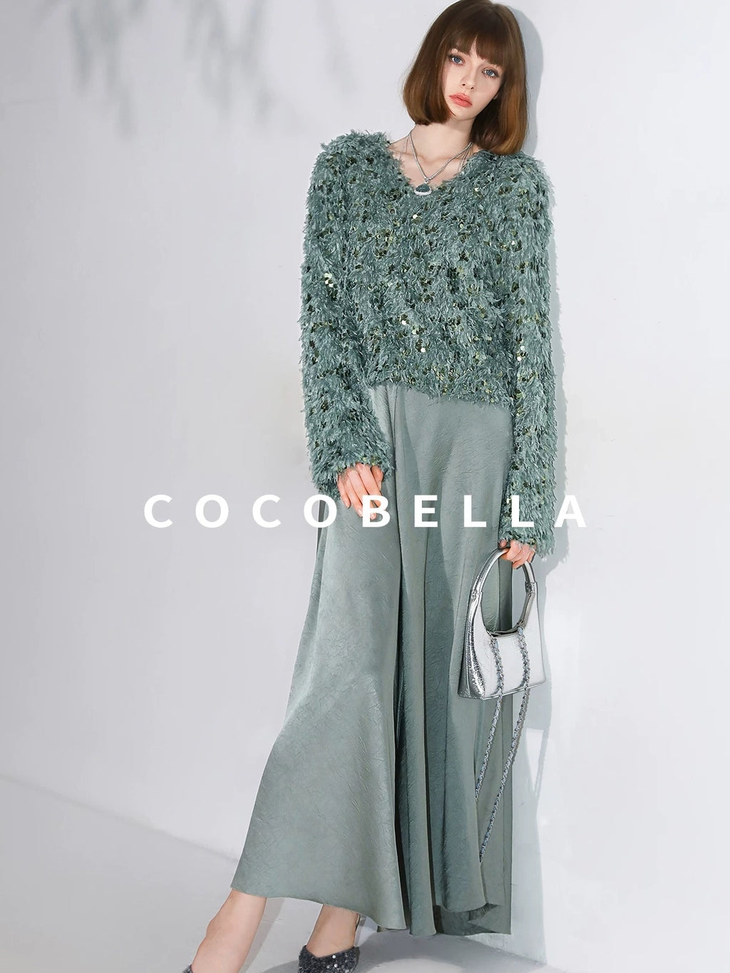 COCOBELLA Sequin Feather Tulle Tweed Inspired Straight Fit V Neck Long Sleeve Teal Shirts