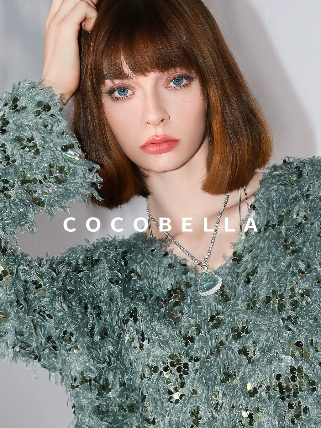 COCOBELLA Sequin Feather Tulle Tweed Inspired Straight Fit V Neck Long Sleeve Teal Shirts