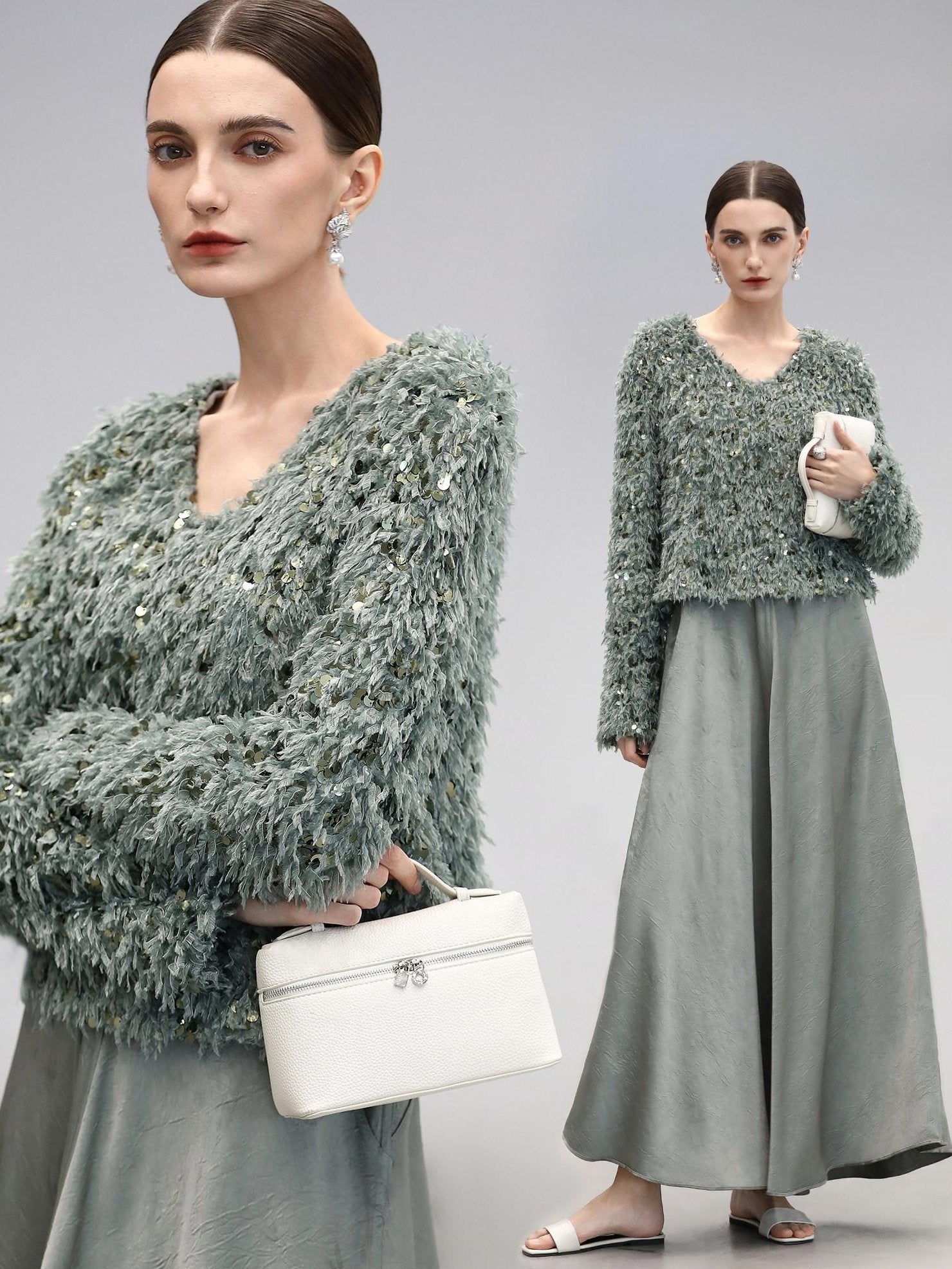 COCOBELLA Sequin Feather Yarn Embellished Boucle Straight Fit Women V Neck Sweater