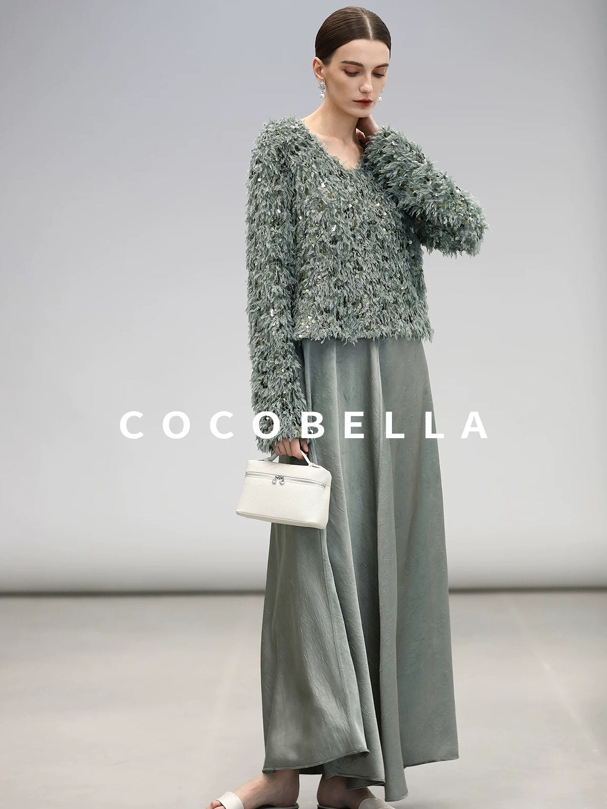 COCOBELLA Sequin Feather Yarn Embellished Boucle Straight Fit Women V Neck Sweater