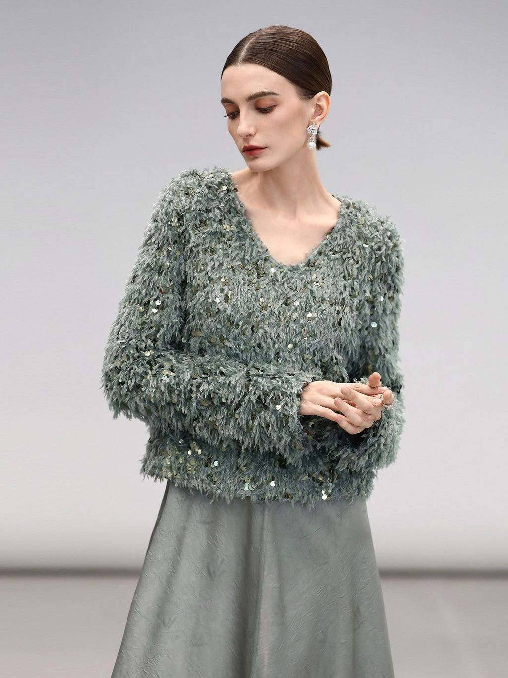 COCOBELLA Sequin Feather Yarn Embellished Boucle Straight Fit Women V Neck Sweater