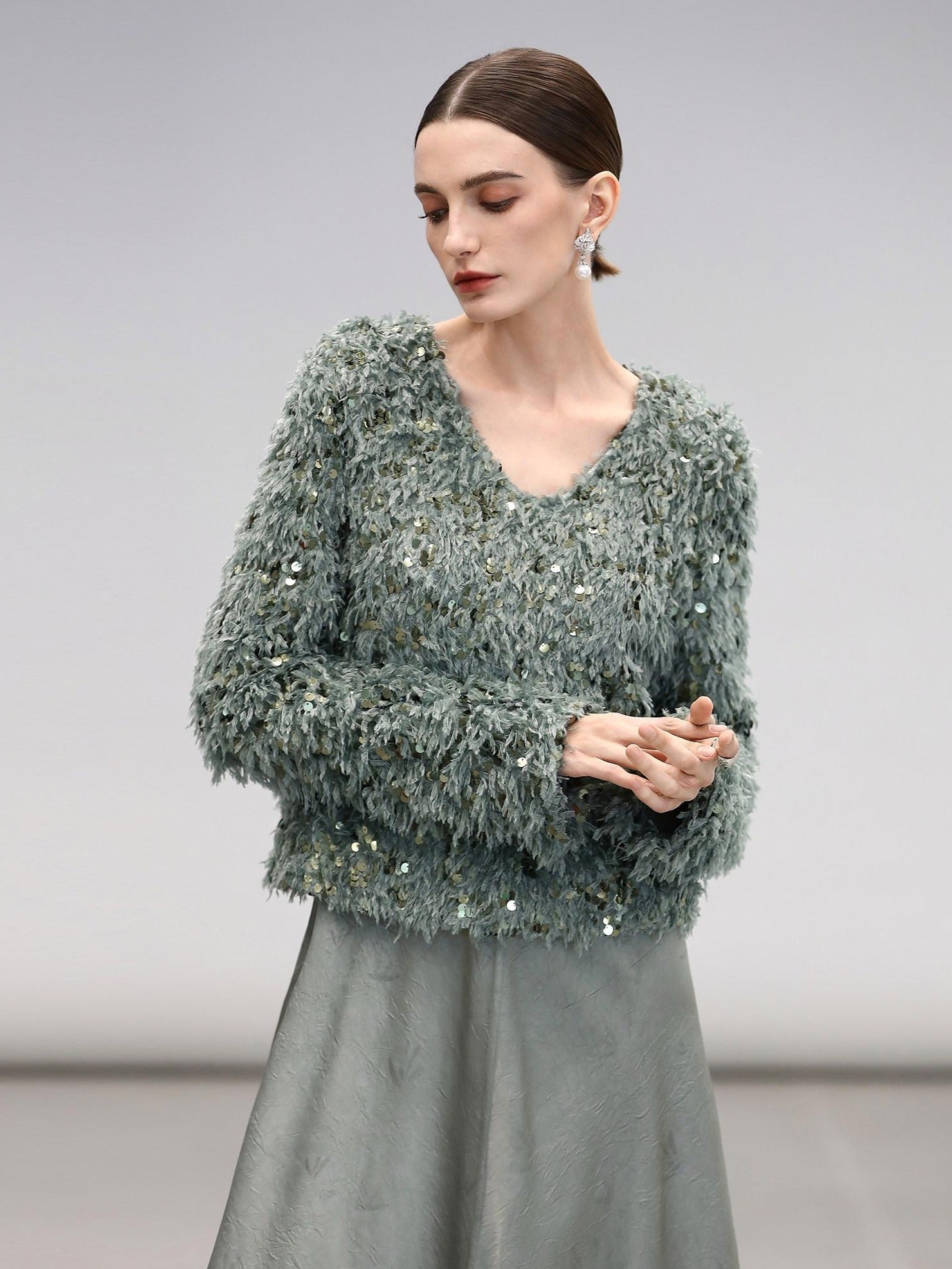 COCOBELLA Sequin Feather Yarn Embellished Boucle Straight Fit Women V Neck Sweater
