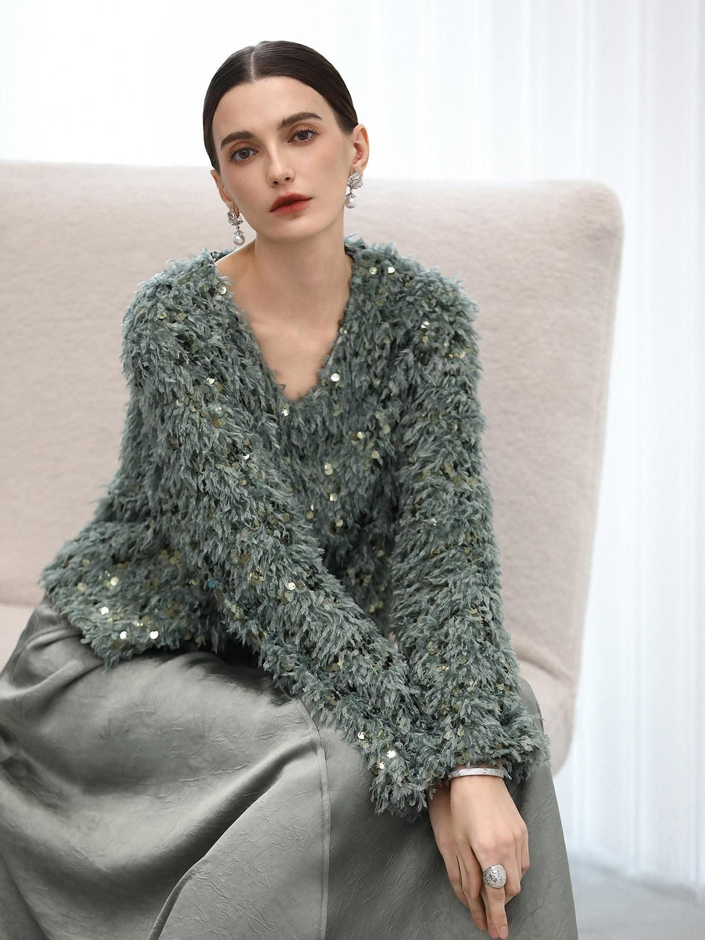 COCOBELLA Sequin Feather Yarn Embellished Boucle Straight Fit Women V Neck Sweater