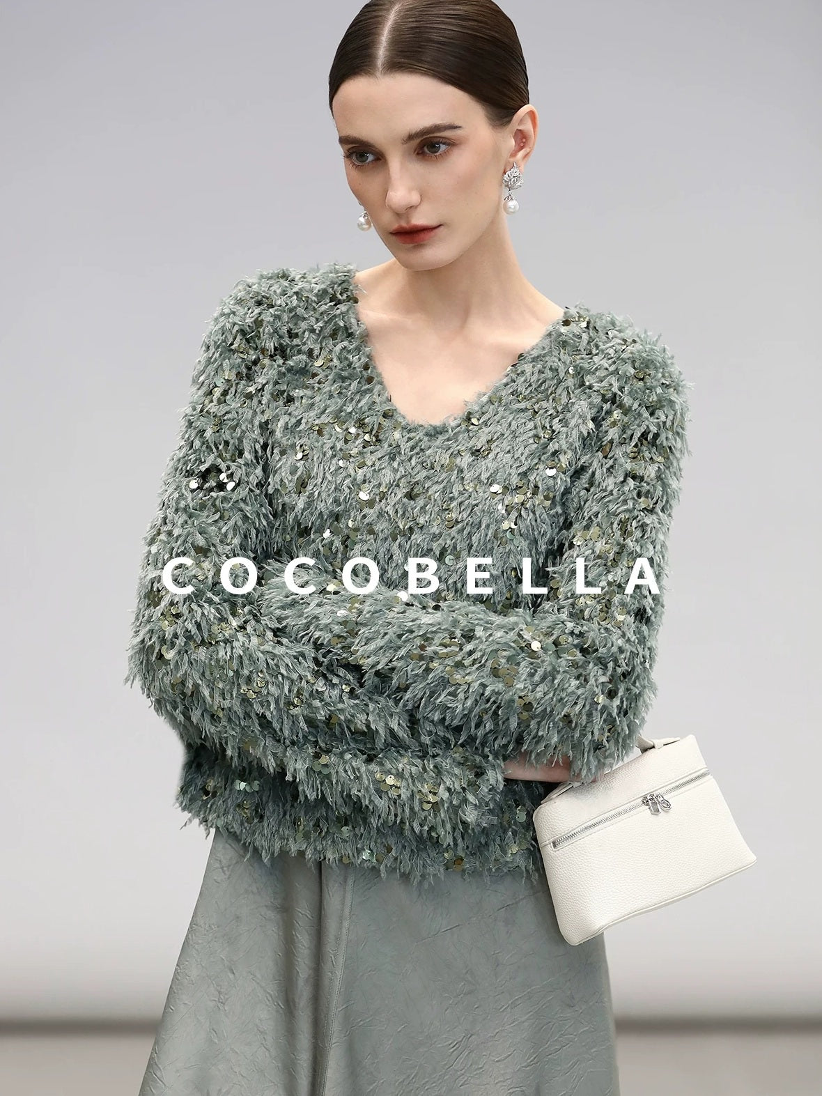 COCOBELLA Sequin Feather Yarn Embellished Boucle Straight Fit Women V Neck Sweater