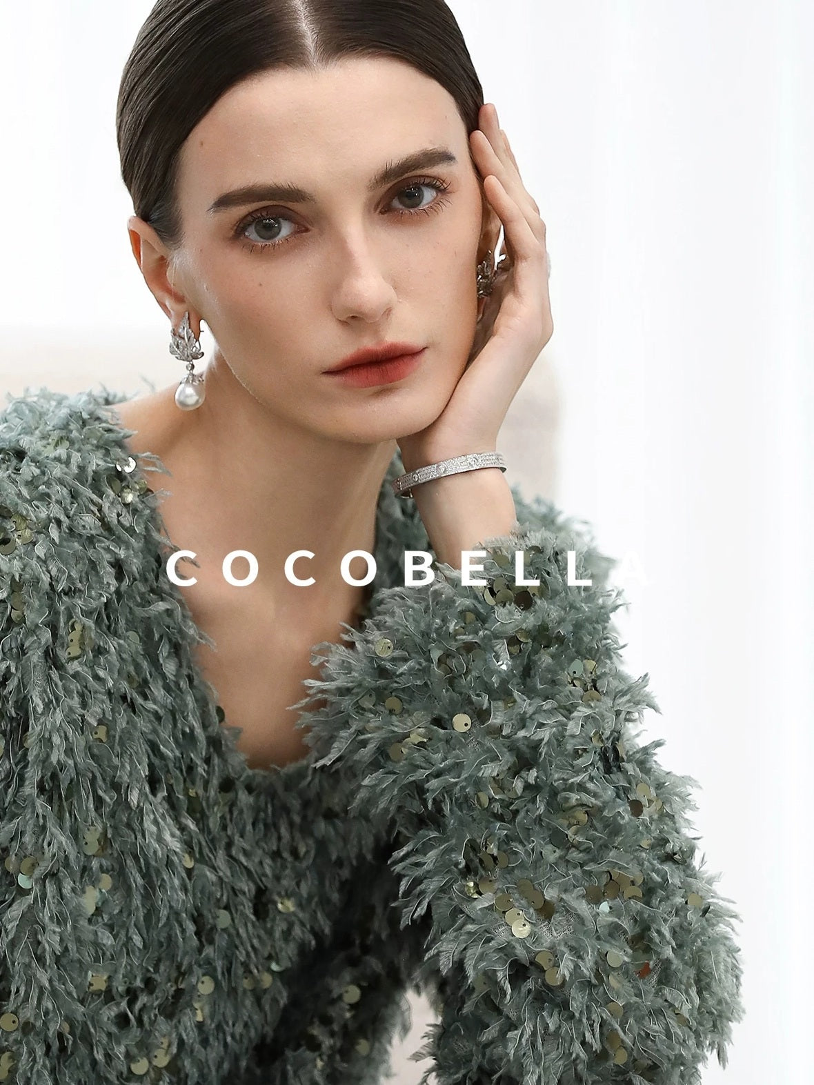 COCOBELLA Sequin Feather Yarn Embellished Boucle Straight Fit Women V Neck Sweater