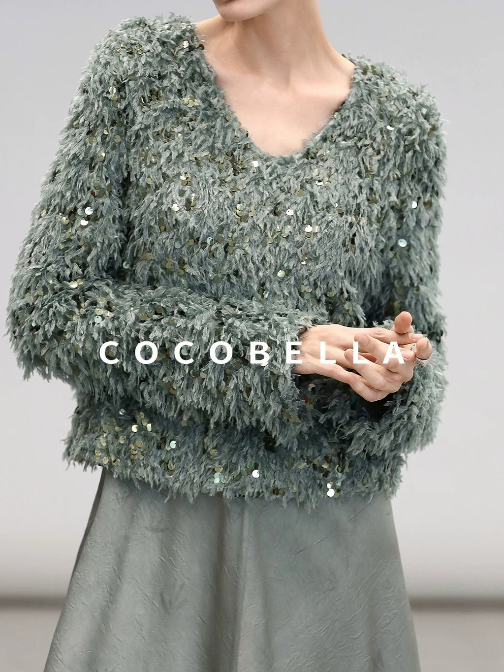 COCOBELLA Sequin Feather Yarn Embellished Boucle Straight Fit Women V Neck Sweater