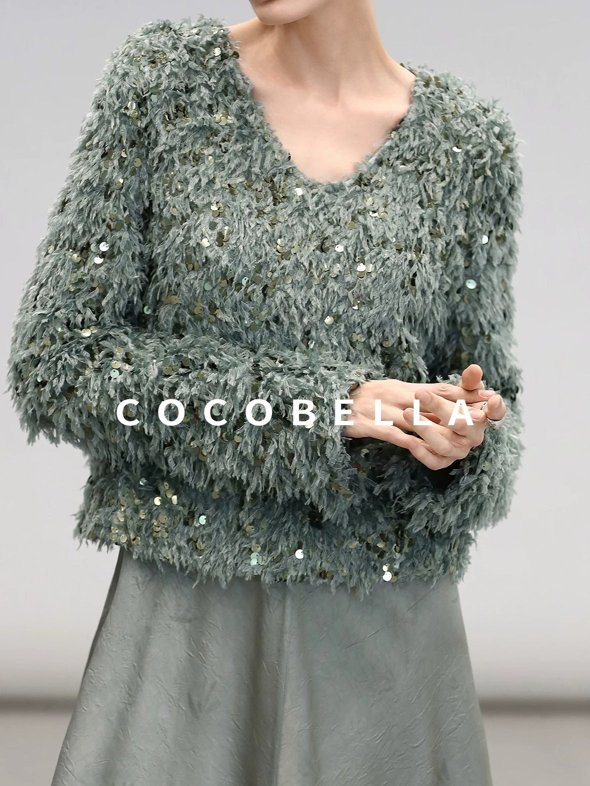 COCOBELLA Sequin Feather Yarn Embellished Boucle Straight Fit Women V Neck Sweater