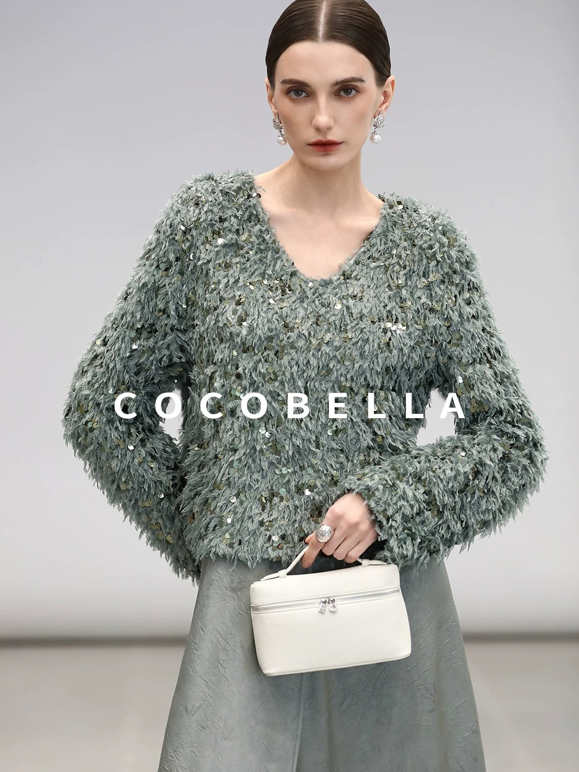 COCOBELLA Sequin Feather Yarn Embellished Boucle Straight Fit Women V Neck Sweater