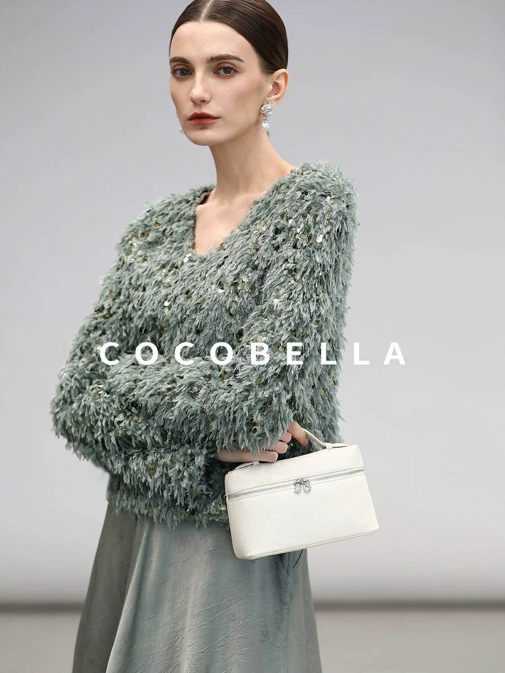 COCOBELLA Sequin Feather Yarn Embellished Boucle Straight Fit Women V Neck Sweater