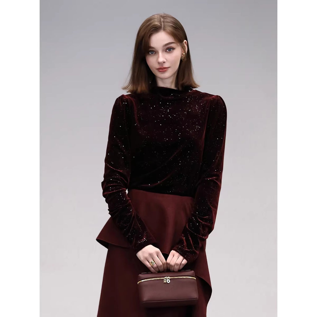 COCOBELLA_Sequin_French_Slim_Mock_Neck_Women_Work_Long_Sleeve_Burgundy_Shirts_MISSTT