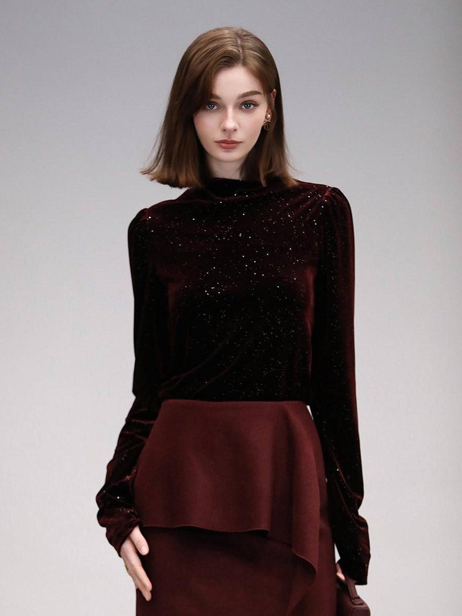 COCOBELLA Sequin French Slim Mock Neck Women Work Long Sleeve Burgundy Shirts