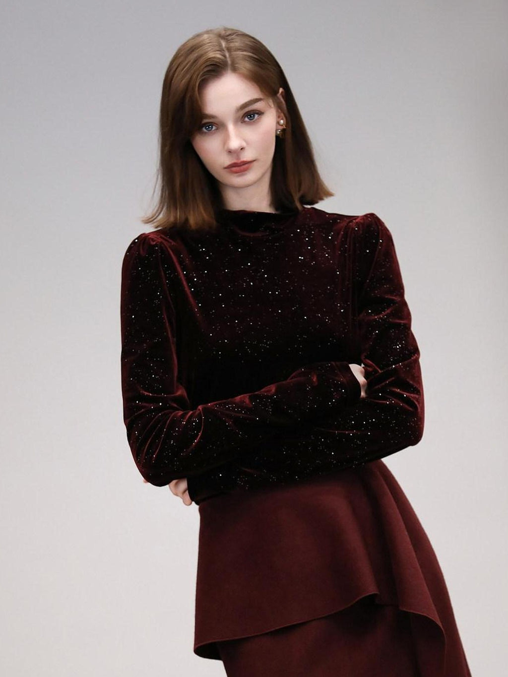 COCOBELLA Sequin French Slim Mock Neck Women Work Long Sleeve Burgundy Shirts
