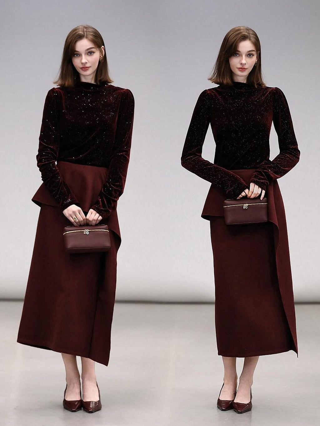 COCOBELLA Sequin French Slim Mock Neck Women Work Long Sleeve Burgundy Shirts