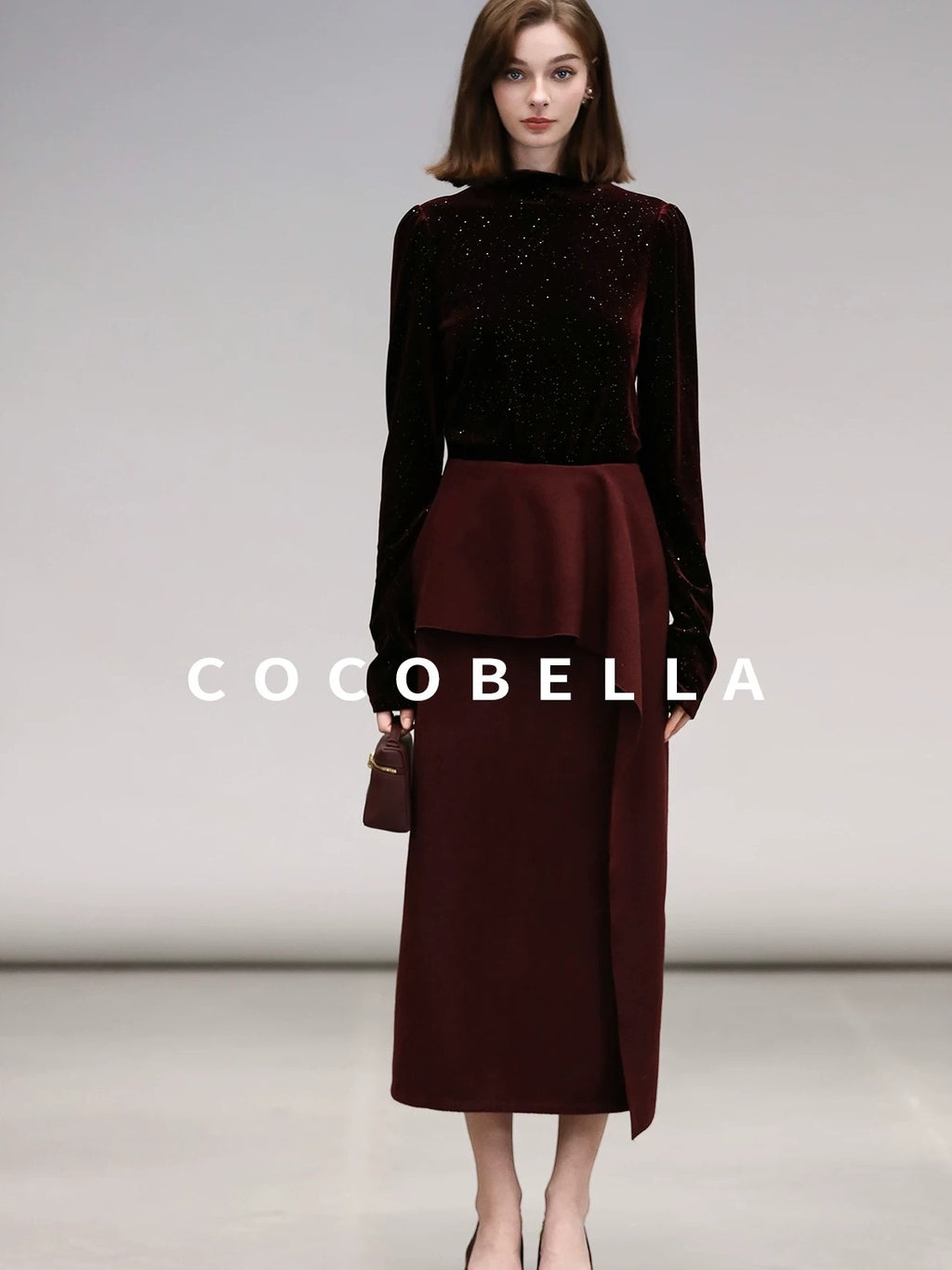 COCOBELLA Sequin French Slim Mock Neck Women Work Long Sleeve Burgundy Shirts