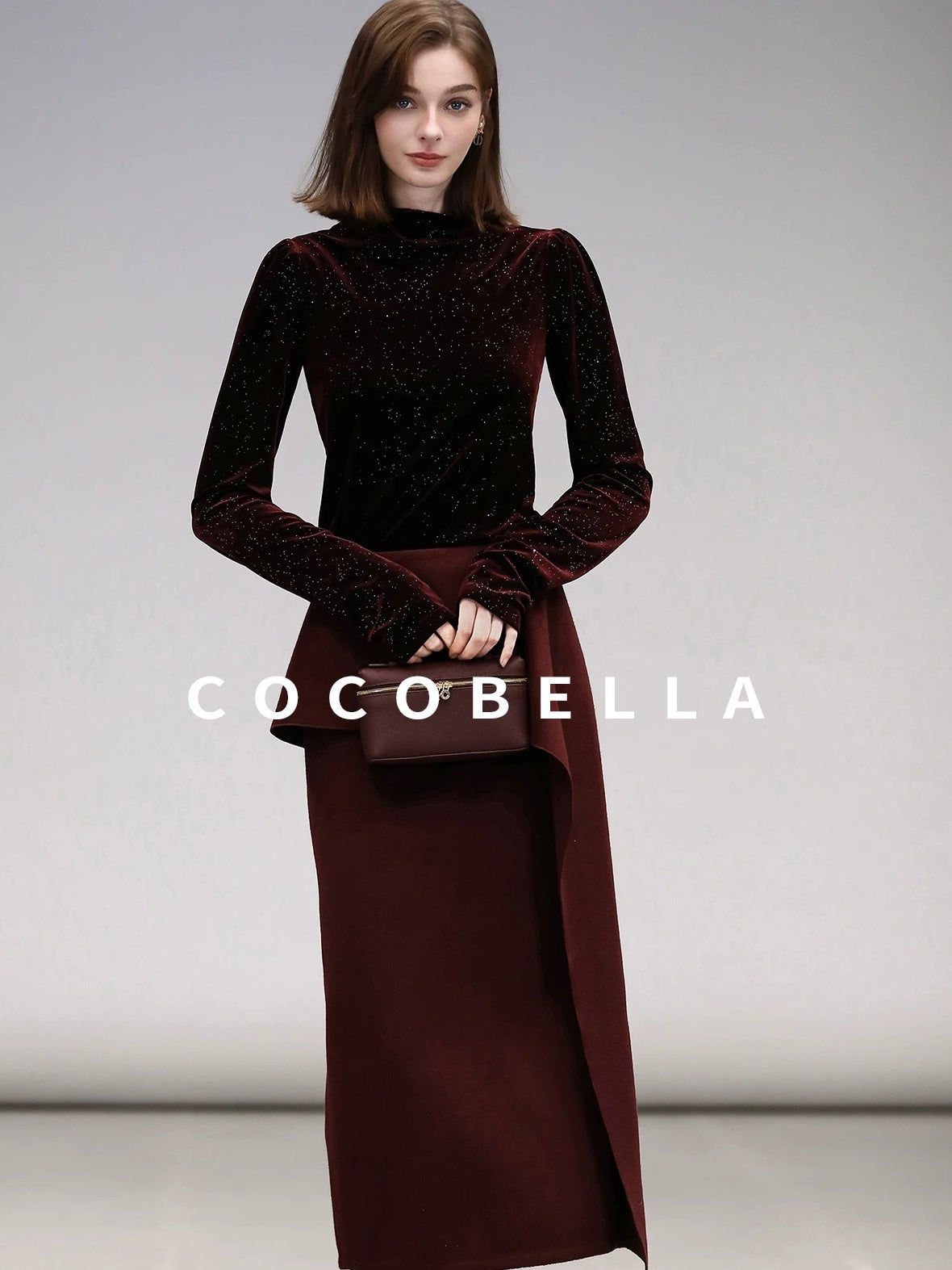 COCOBELLA Sequin French Slim Mock Neck Women Work Long Sleeve Burgundy Shirts