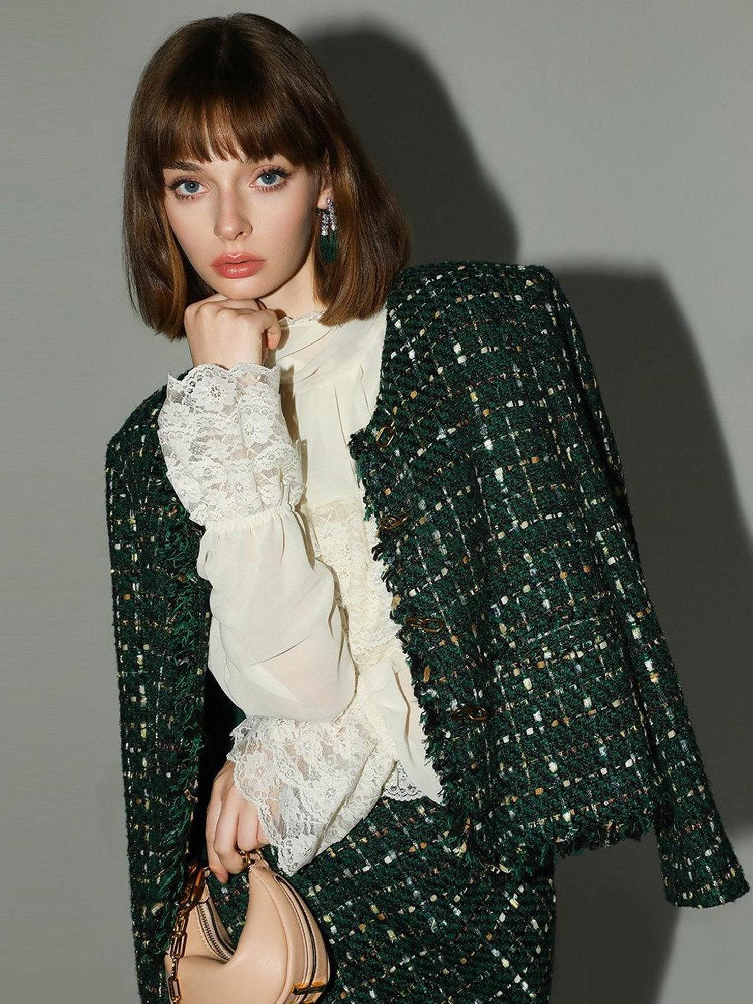 COCOBELLA Sequin Fringe Button Pocket Collarless Straight Fit Lady Office Blazers