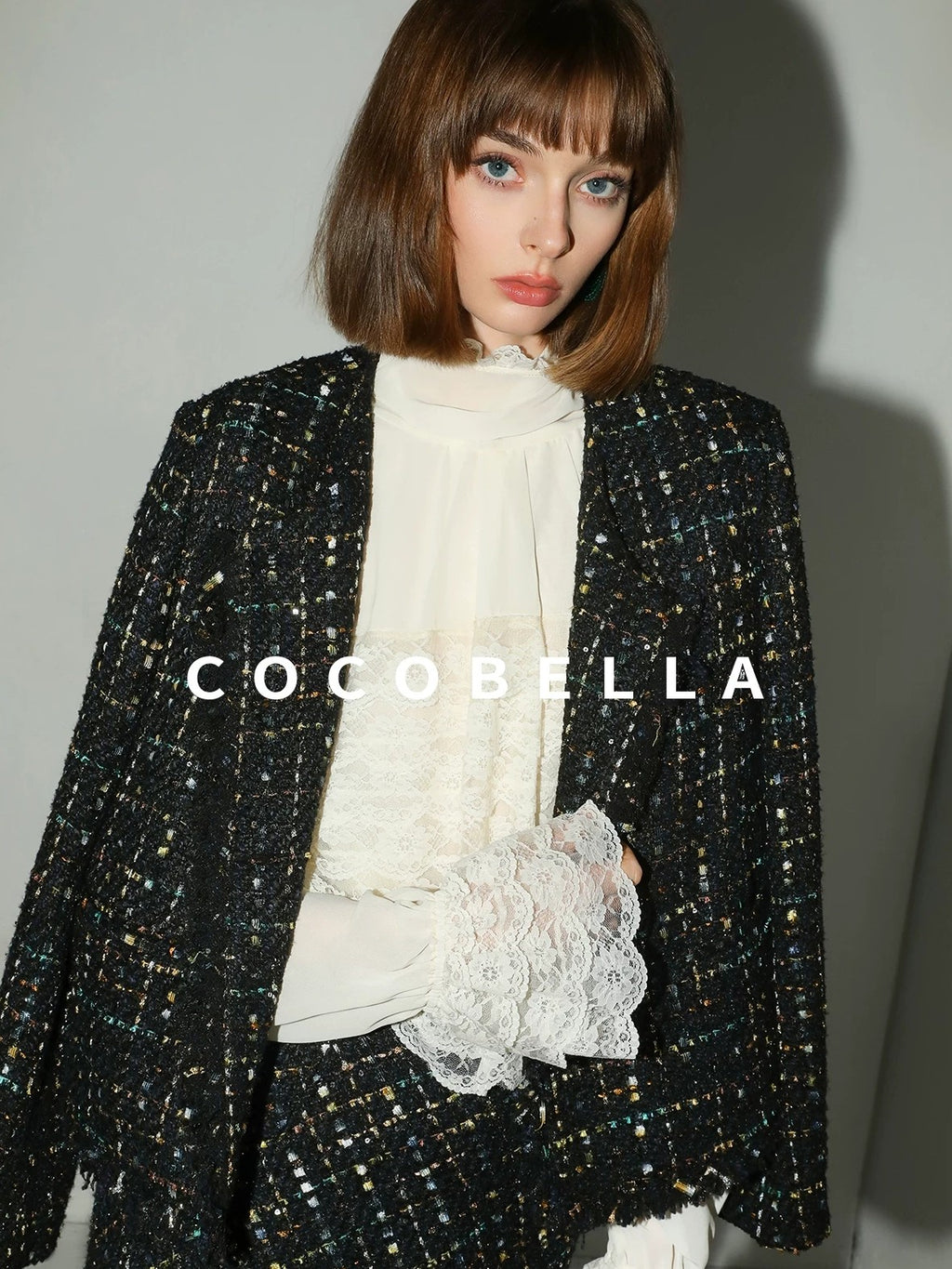 COCOBELLA Sequin Fringe Button Pocket Collarless Straight Fit Lady Office Blazers