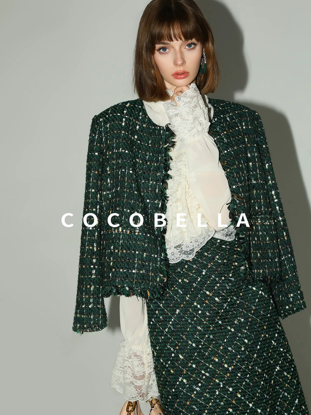 COCOBELLA Sequin Fringe Button Pocket Collarless Straight Fit Lady Office Blazers