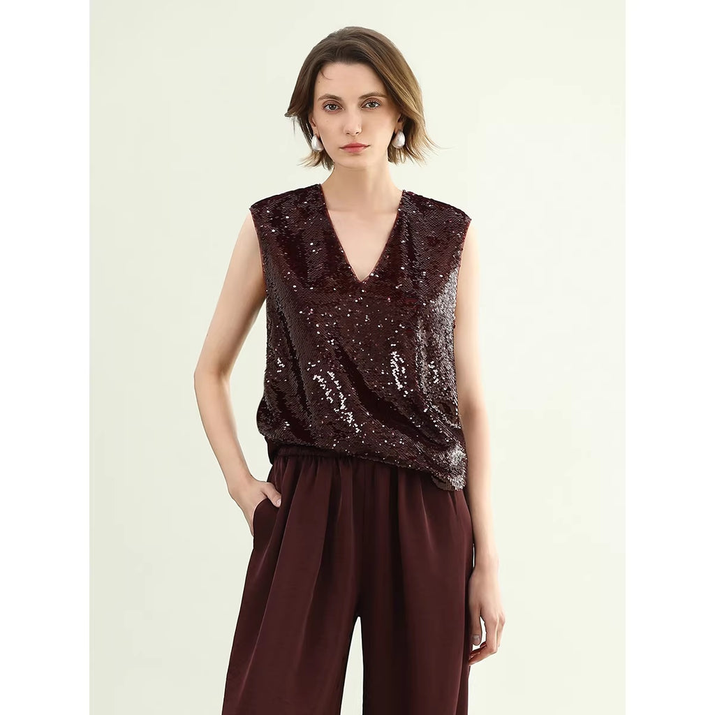 COCOBELLA_Sequin_Light_Luxury_V_Neck_Sleeveless_Straight_Fit_Women_Shirts_MISSTT