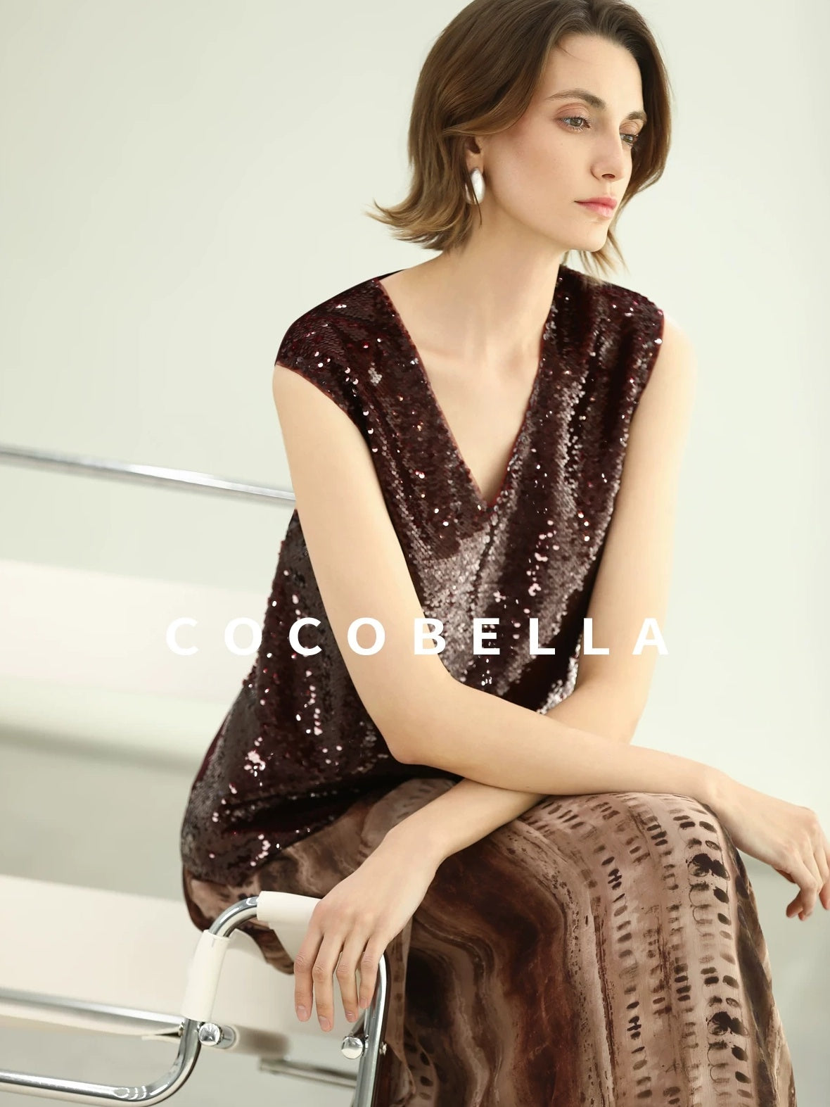 COCOBELLA Sequin Light Luxury V Neck Sleeveless Straight Fit Women Shirts