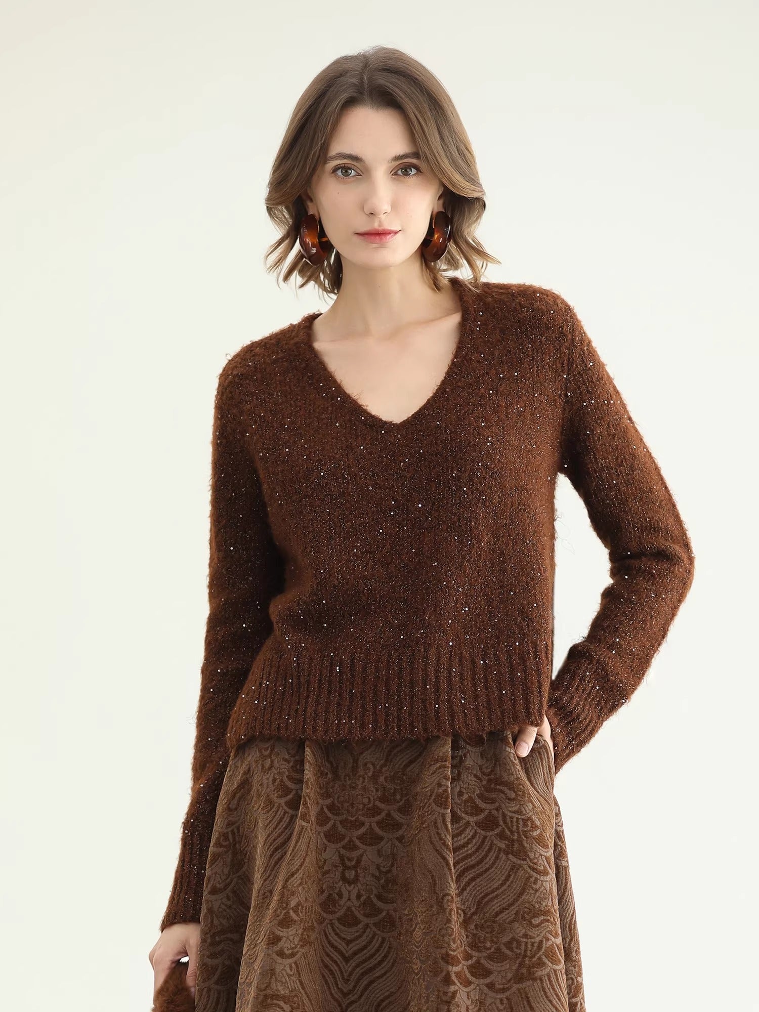 COCOBELLA_Sequin_Lurex_Button_Cardigan_Office_Relaxed_Fit_Caramel_Brown_Sweater_MISSTT