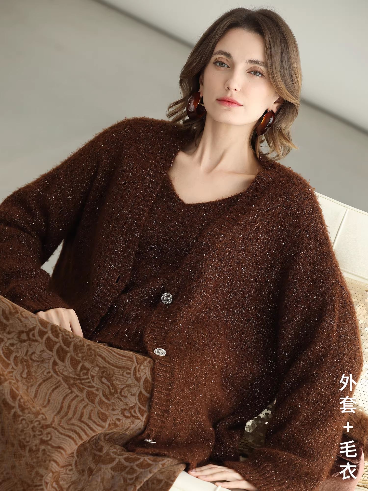 COCOBELLA_Sequin_Lurex_Button_Cardigan_Office_Relaxed_Fit_Caramel_Brown_Sweater_MISSTT