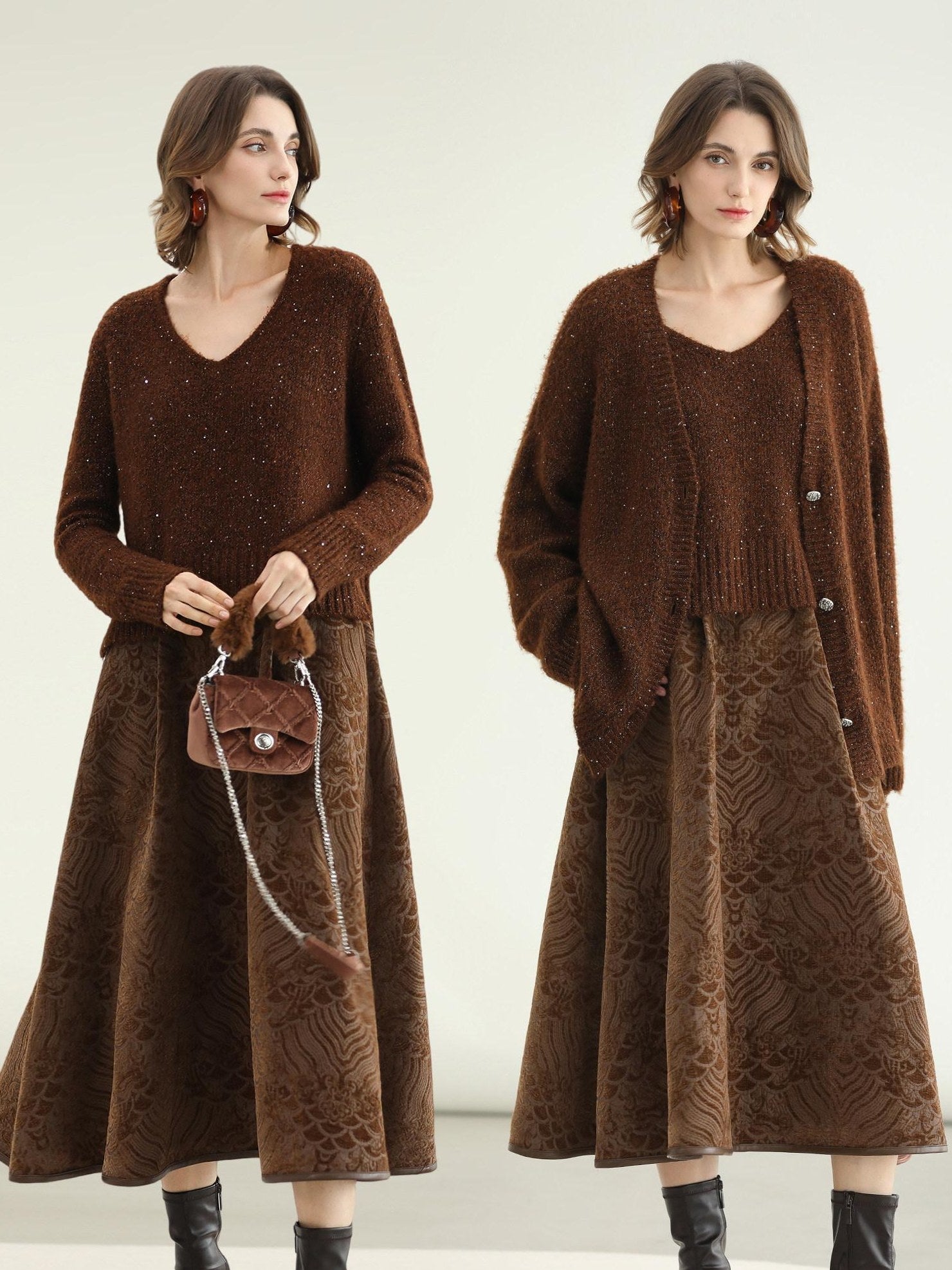 COCOBELLA Sequin Lurex Button Cardigan Office Relaxed Fit Caramel Brown Sweater