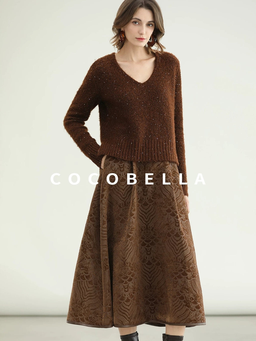 COCOBELLA Sequin Lurex Button Cardigan Office Relaxed Fit Caramel Brown Sweater